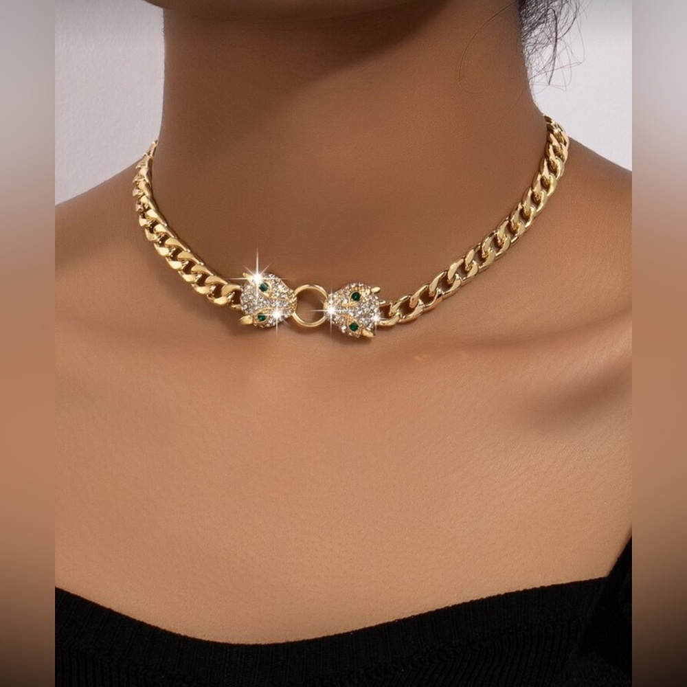Gold Panther Head Cuban Link Necklace Rhinestone Statement Choker